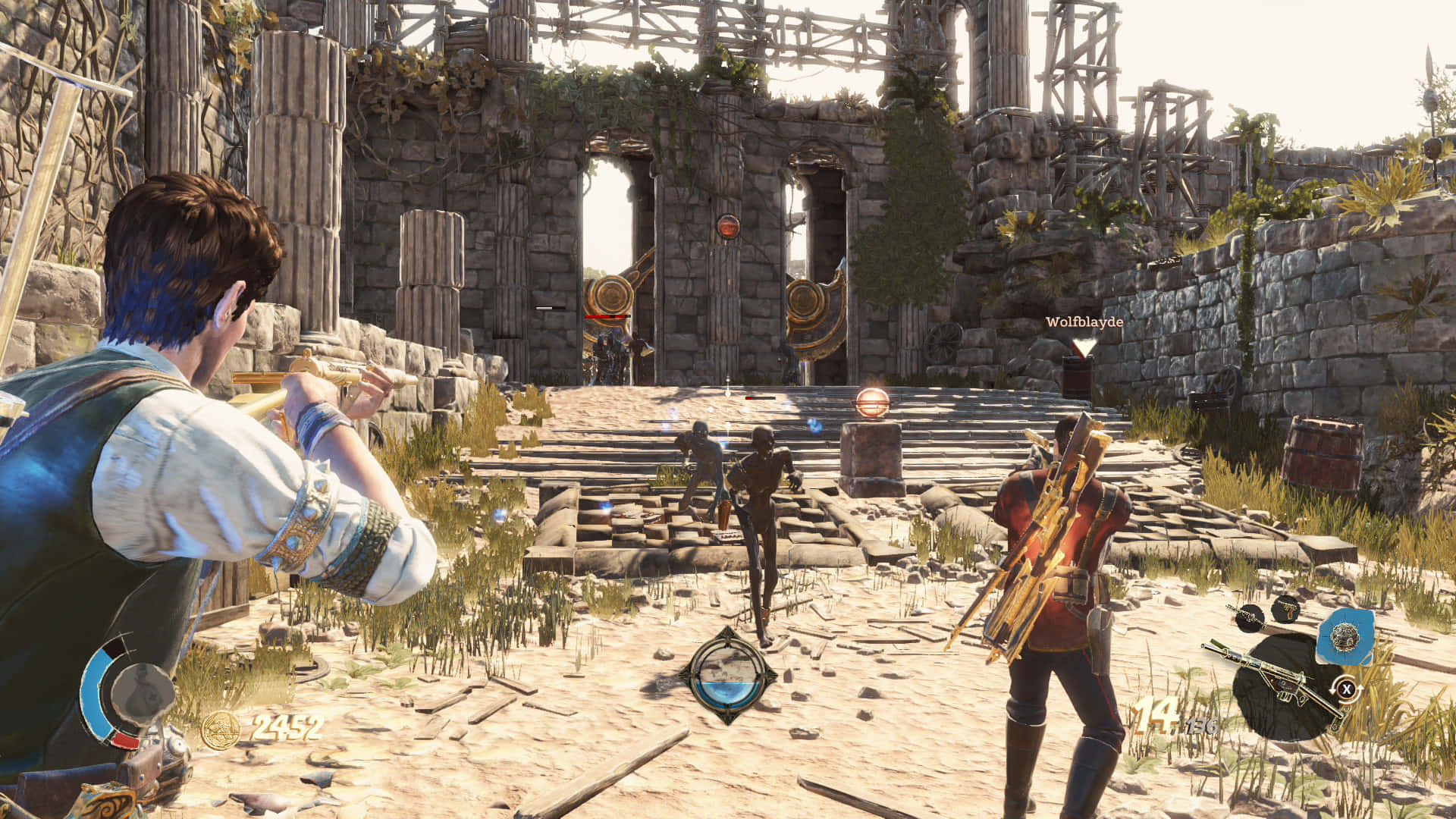 1920x1080 Strange Brigade 桌布 壁紙 — 電子遊戲中的玩家探索著長滿植被的古老石頭廢墟，並可見戰鬥UI元素。