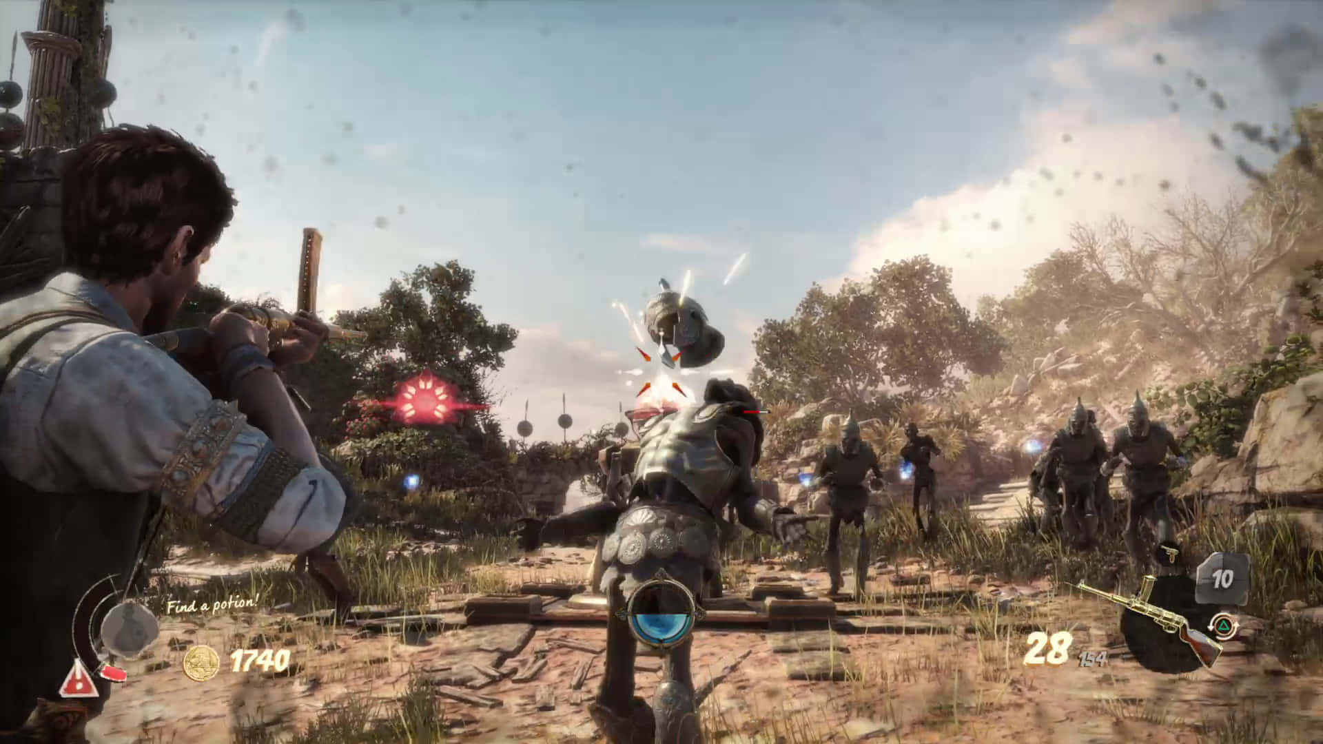1366x768 Strange Brigade 桌布 壁紙 — 電子遊戲中的玩家角色在陽光明媚的戶外戰場上與裝甲敵人戰鬥，周圍有樹木和廢墟。