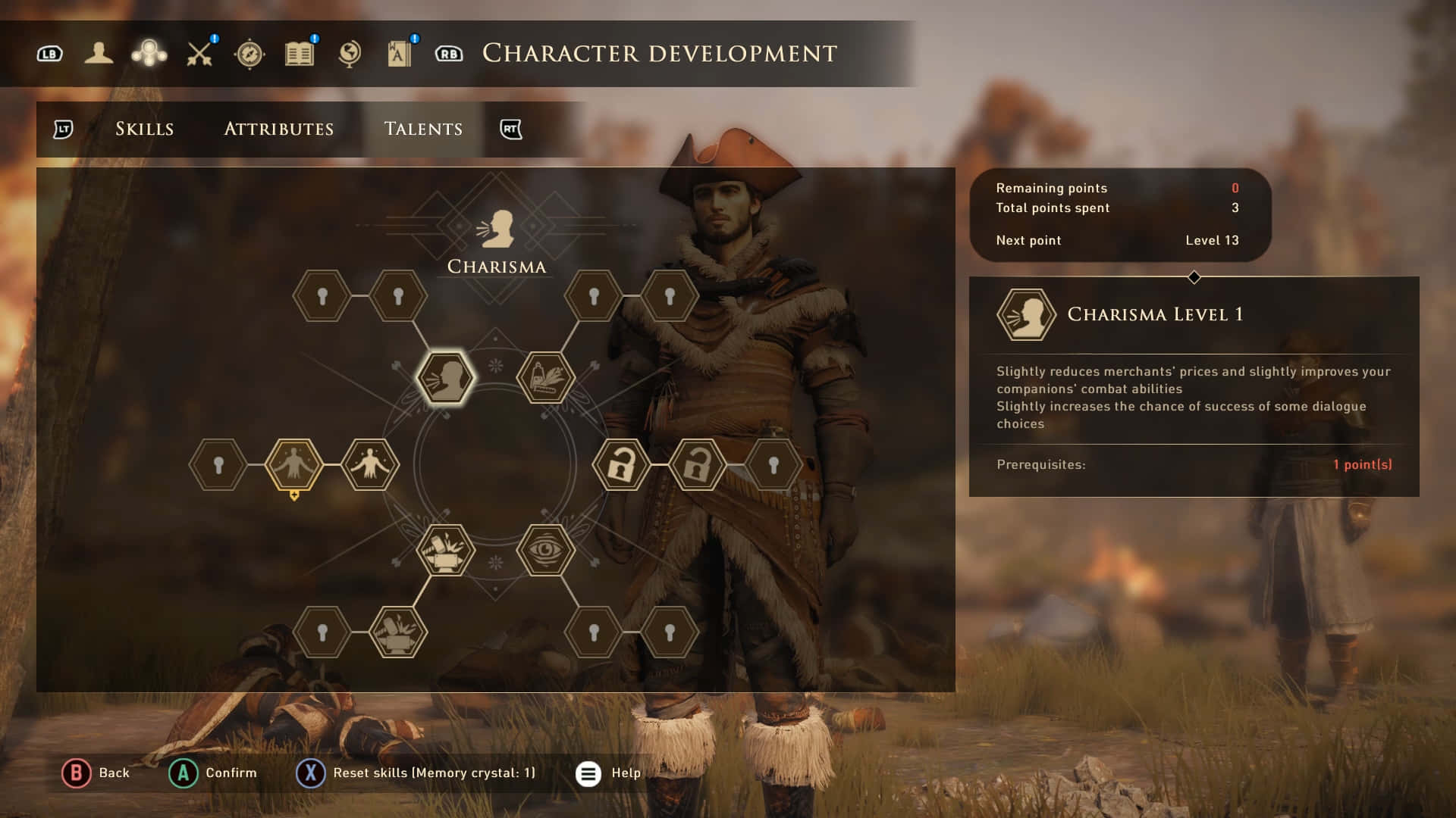 Greedfall 桌布 壁紙 — 電子遊戲中的角色自訂畫面顯示一位身穿毛皮襯裡盔甲的粗獷探險家站在迷霧森林中，並帶有技能樹疊加層。