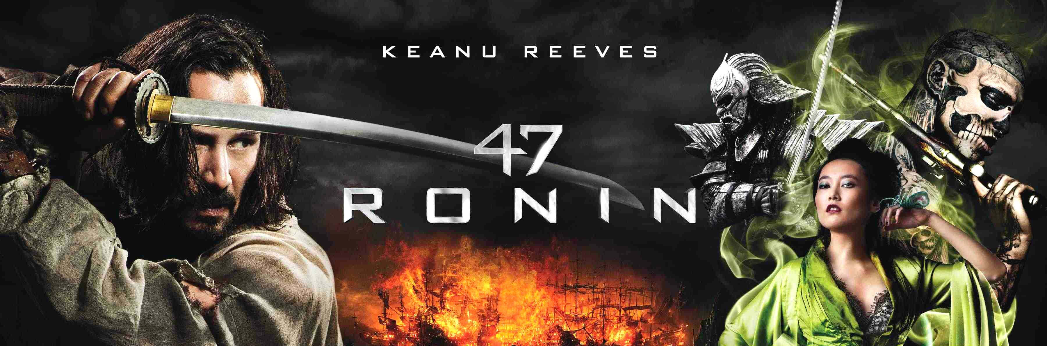 47 Ronin 桌布 壁紙 — 電影《47 Ronin》的戲劇性海報，基努·李維手持劍，被武士包圍，背景是火焰。