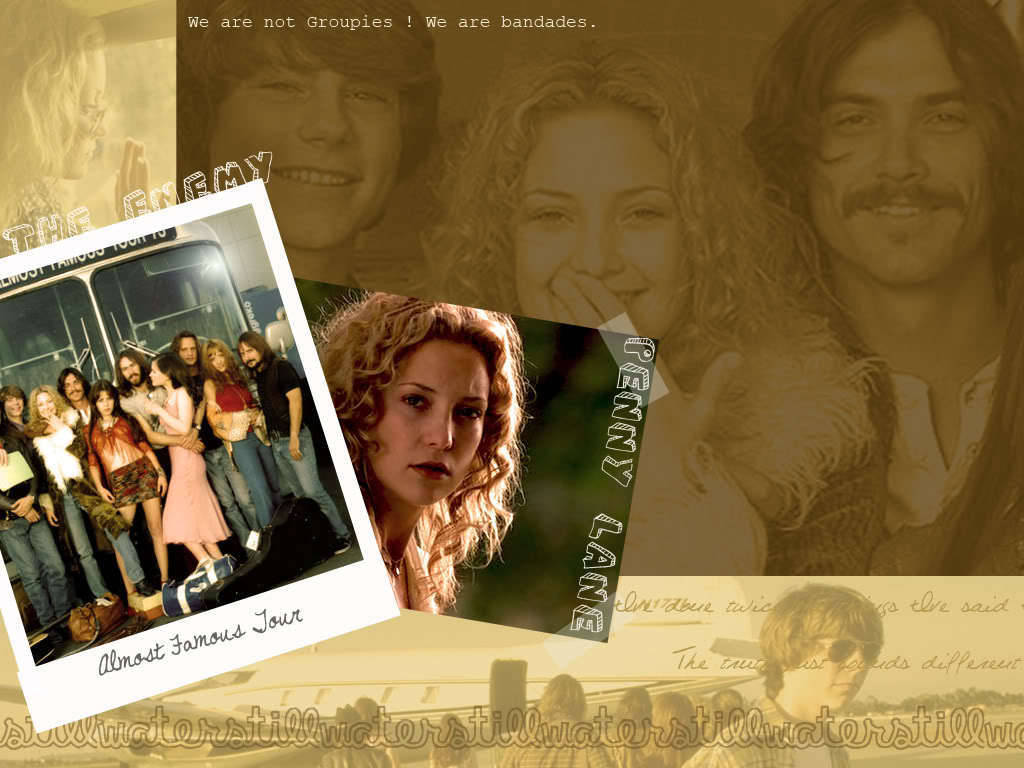 女演員 桌布 壁紙 — 電影《Almost Famous》中樂團成員和粉絲的復古棕褐色調拼貼畫，帶有文字疊加。