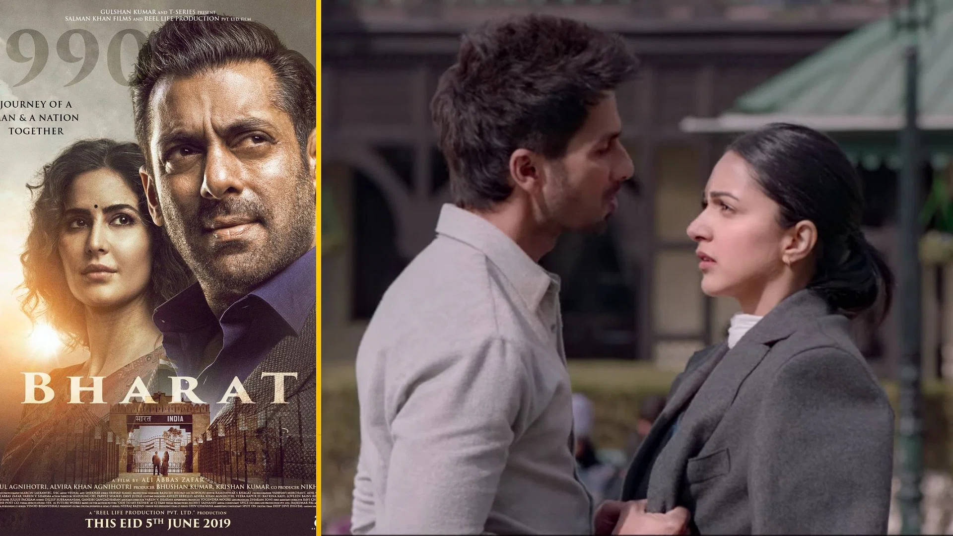 電影動圖 桌布 壁紙 — 電影《Bharat》的海報， featuring 演員 Salman Khan 和 Katrina Kaif，帶有金色陽光和歷史建築，旁邊是 Shahid Kapoor 和 Anushka Sharma 在緊張的戶外對峙場景。