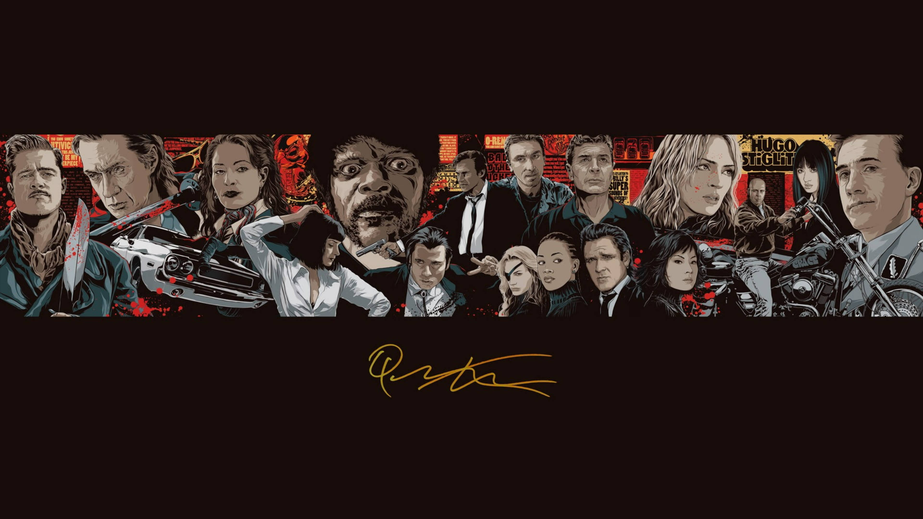 Inglourious Basterds 桌布 壁紙 — 電影《Hugo Stiglitz》中多個角色的風格化插圖，背景為深紅色和黑色。