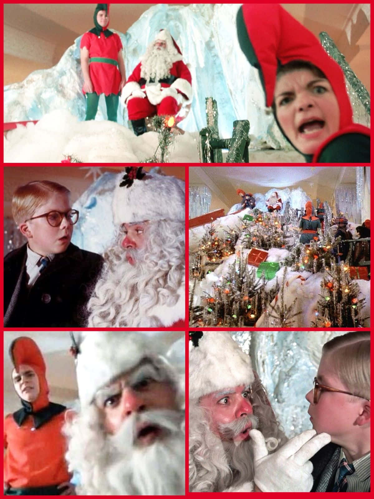 a christmas story 桌布 壁紙 — 電影《北極特快車》的節日拼貼畫，場景包括聖誕老人、精靈和一個小男孩在雪白的節日環境中。