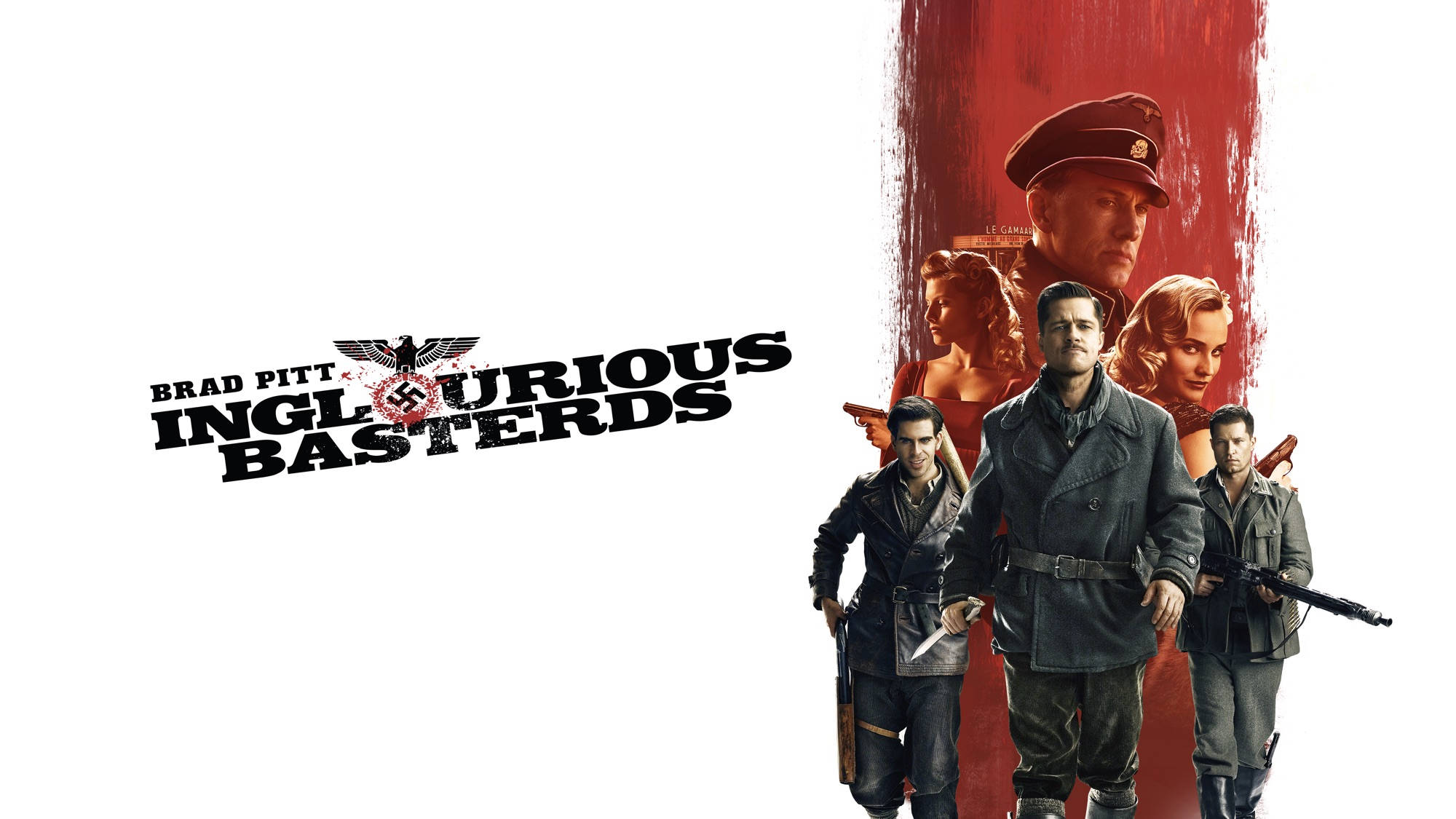 Inglourious Basterds 桌布 壁紙 — 電影《惡棍特工》海報，以紅色背景展示布萊德彼特與士兵及納粹圖像。