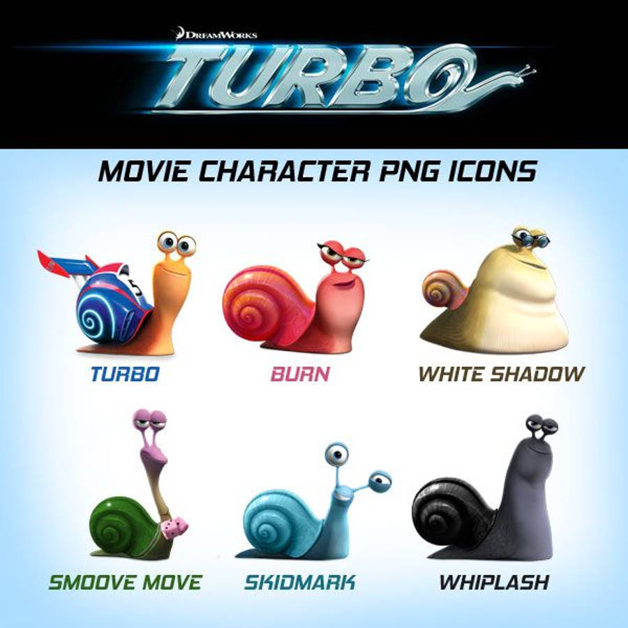 Turbo 桌布 壁紙 — 電影《渦輪方程式》中六個色彩繽紛的動畫蝸牛角色，在淺藍色漸變背景前擺姿勢。