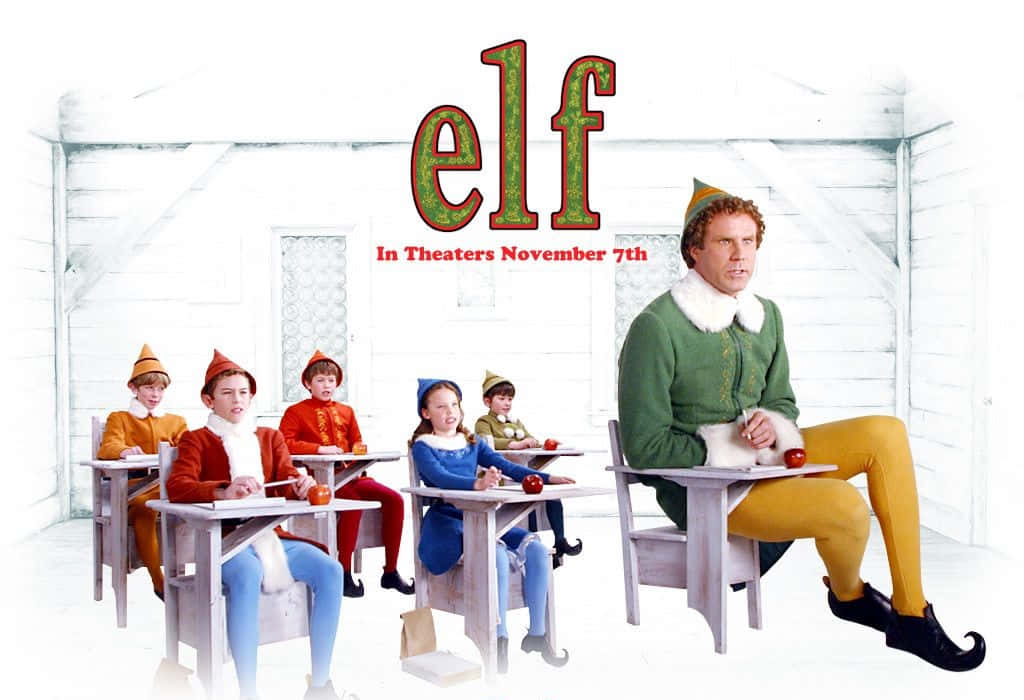 精靈 桌布 壁紙 — 電影《精靈》中一個奇特的教室場景，Buddy the Elf 穿著節日精靈服裝教導孩子們。