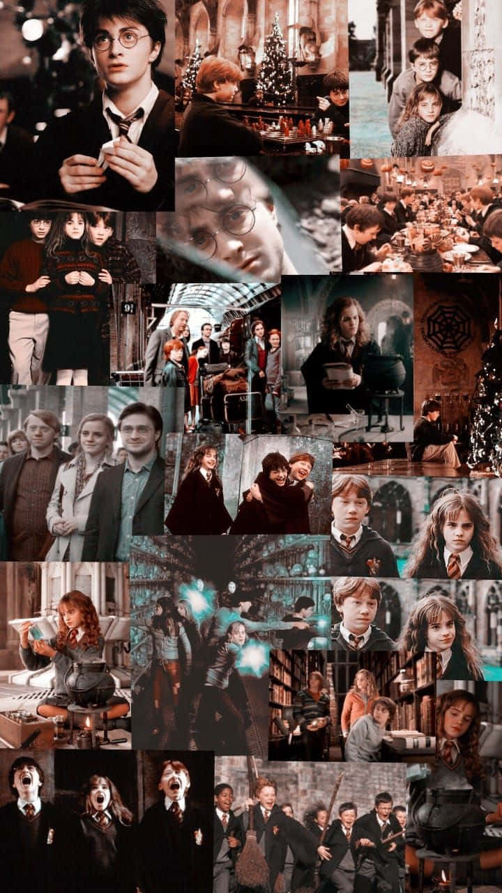 Harry Potter All Characters 桌布 壁紙 — 電影中標誌性場景的哈利波特角色拼貼畫，展現魔法時刻和霍格華茲場景。