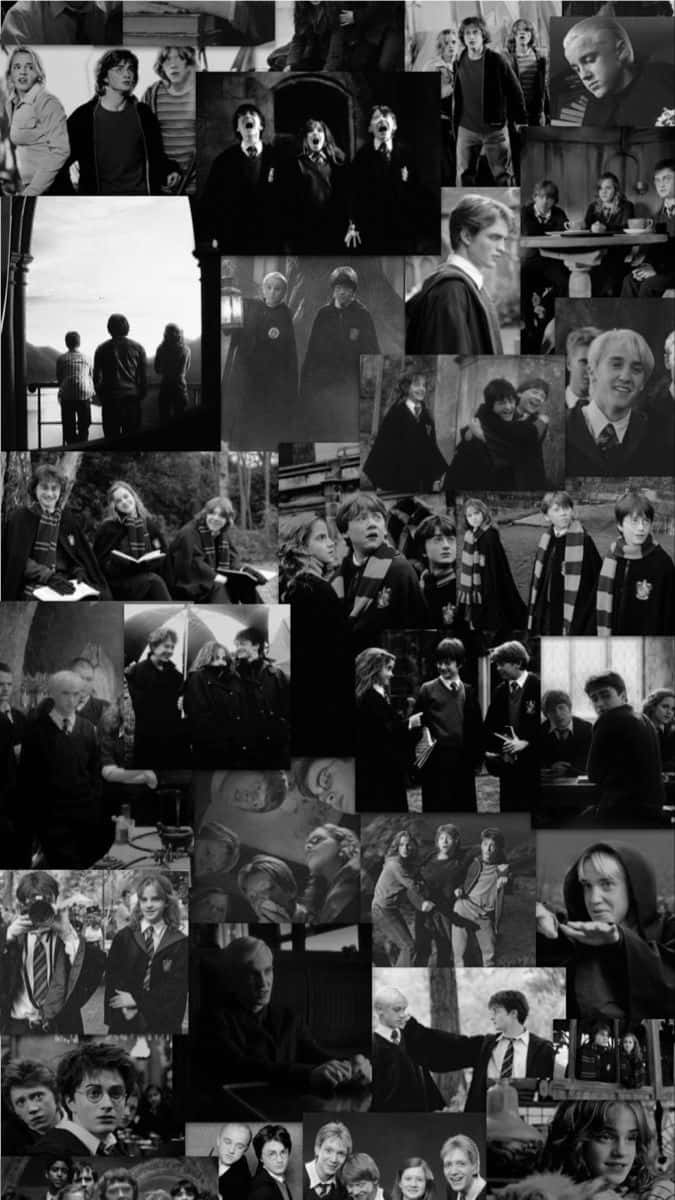 Harry Potter Black And White 桌布 壁紙 — 電影中標誌性場景的哈利波特角色黑白拼貼畫。