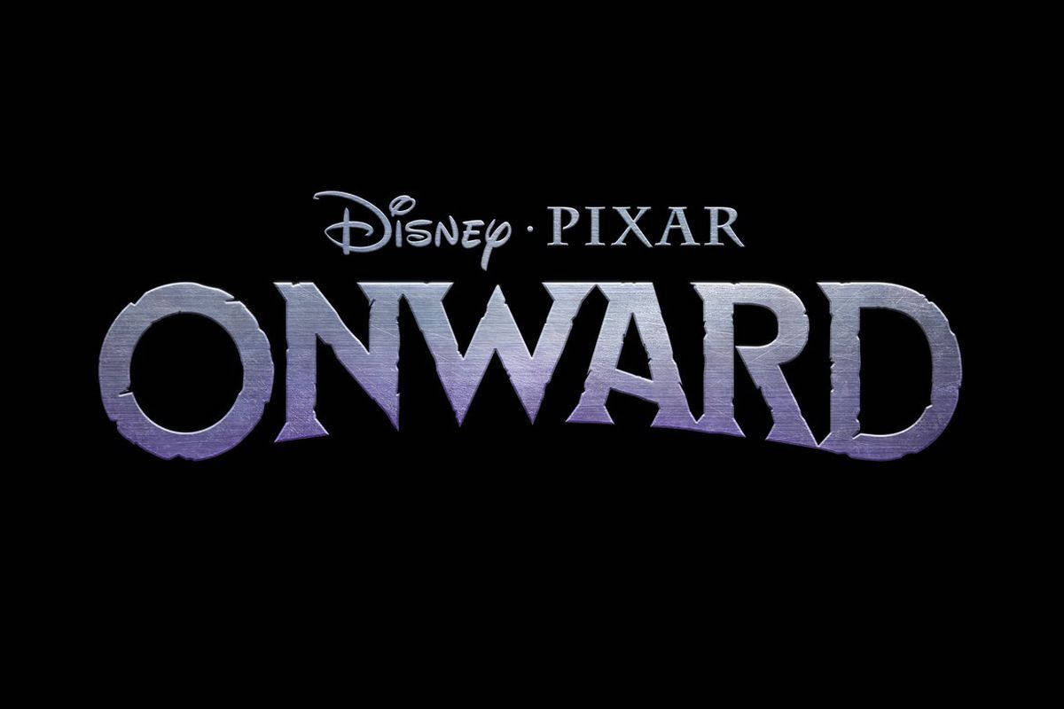 前進 桌布 壁紙 — 電影名稱 Onward 以金屬紫色字體呈現於黑色背景上，上方有迪士尼皮克斯標誌。