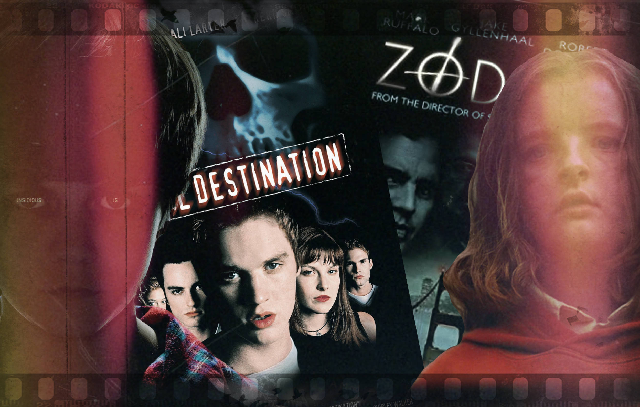 Horror Movie Collage 桌布 壁紙 — 電影海報拼貼，帶有膠片條邊框和發光文字，背景為深色紋理。