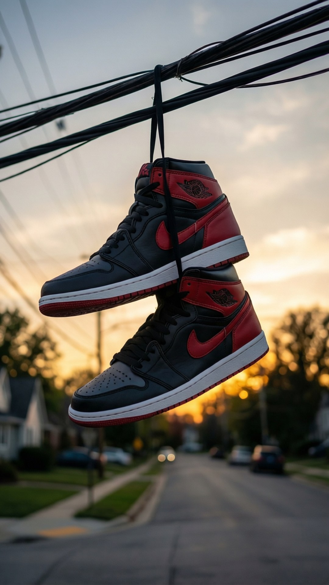 電線上的球鞋 壁紙 — 兩雙黑色和紅色的Air Jordan運動鞋掛在電線上，背景是郊區街道上金色的日落。