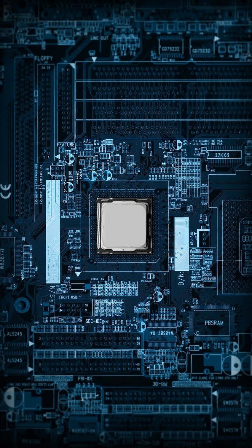 Motherboard 桌布 壁紙 — 電腦主機板特寫，中央CPU插槽在藍光下發光。