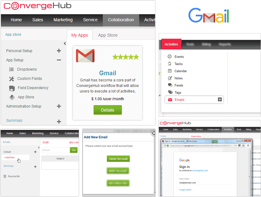 Gmail 動圖 桌布 壁紙 — 電腦螢幕截圖拼貼，顯示ConvergeHub軟體介面與Gmail功能及電子郵件管理工具整合。