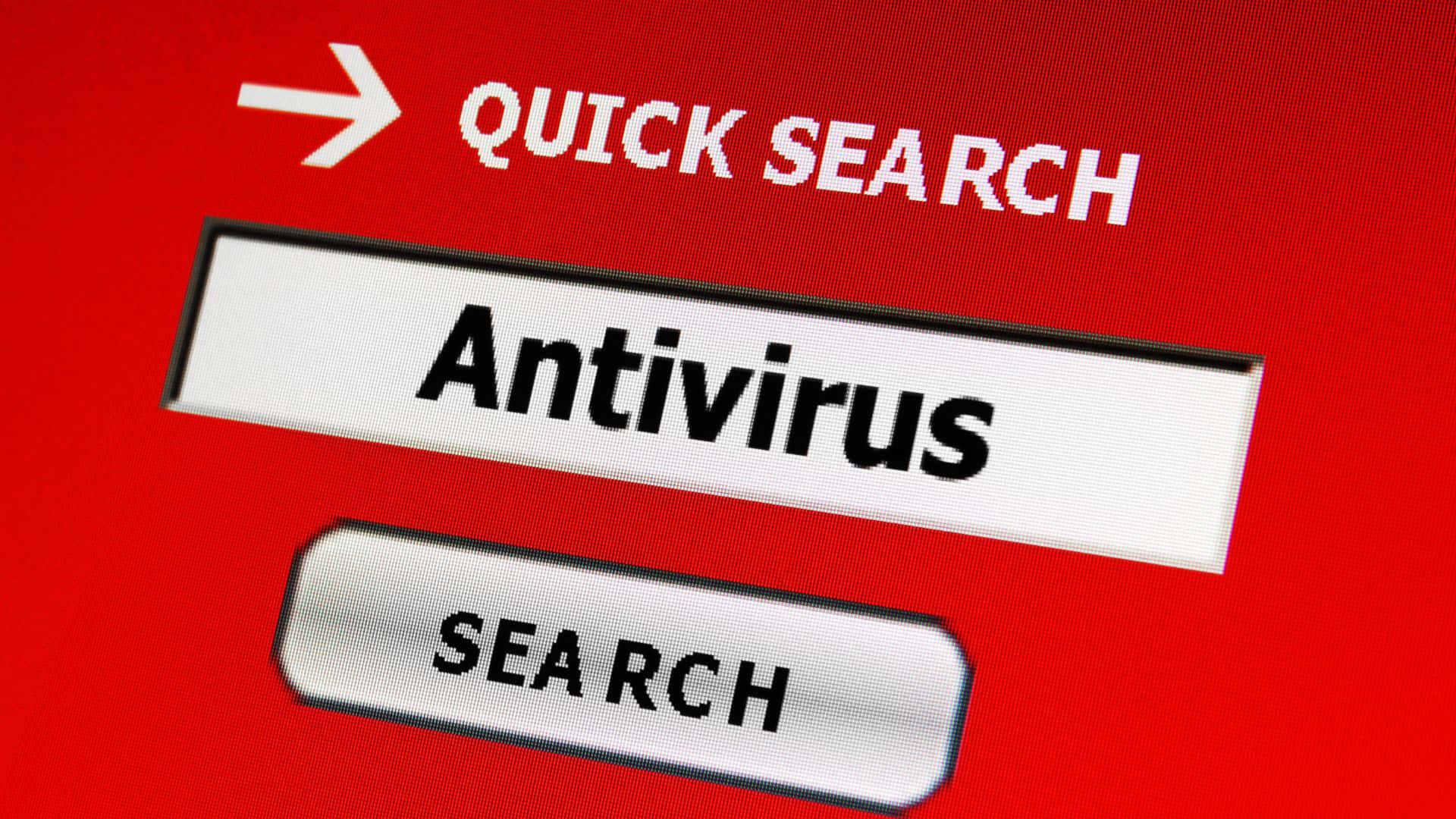 紅色動圖 桌布 壁紙 — 電腦螢幕特寫，紅色背景，帶有「QUICK SEARCH」和「Antivirus」按鈕。