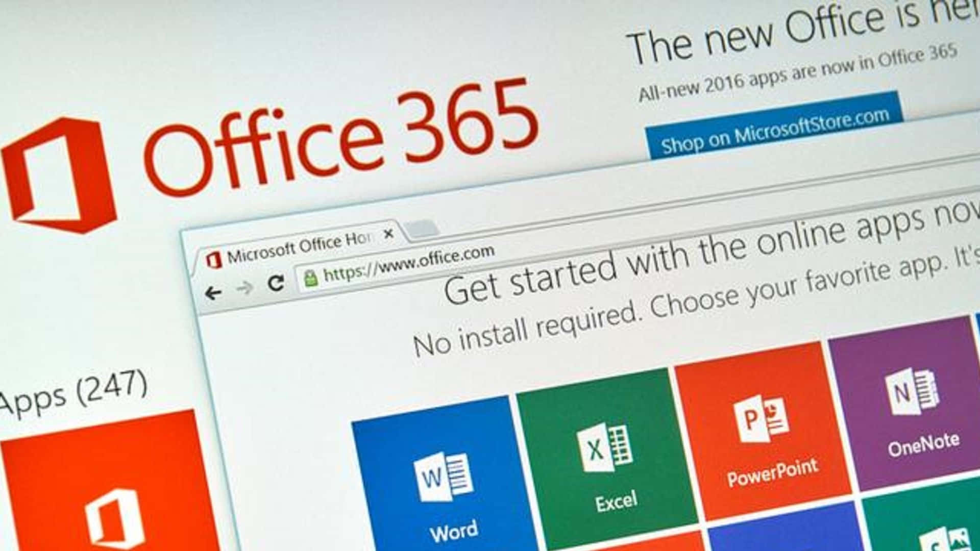 Office 365 桌布 壁紙 — 電腦螢幕特寫，顯示Microsoft Office 365網頁，帶有色彩繽紛的應用程式圖示和推廣文字。