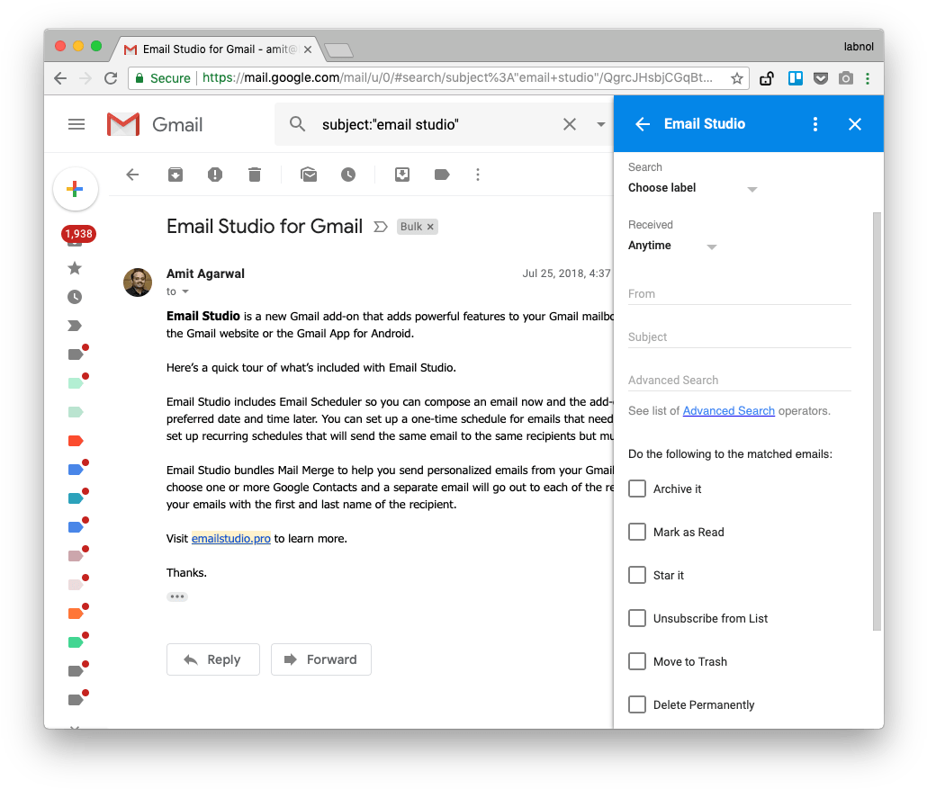Gmail 動圖 桌布 壁紙 — 電腦螢幕顯示 Gmail 的 Email Studio 介面，開啟了一封教學電子郵件，並顯示進階搜尋選項。
