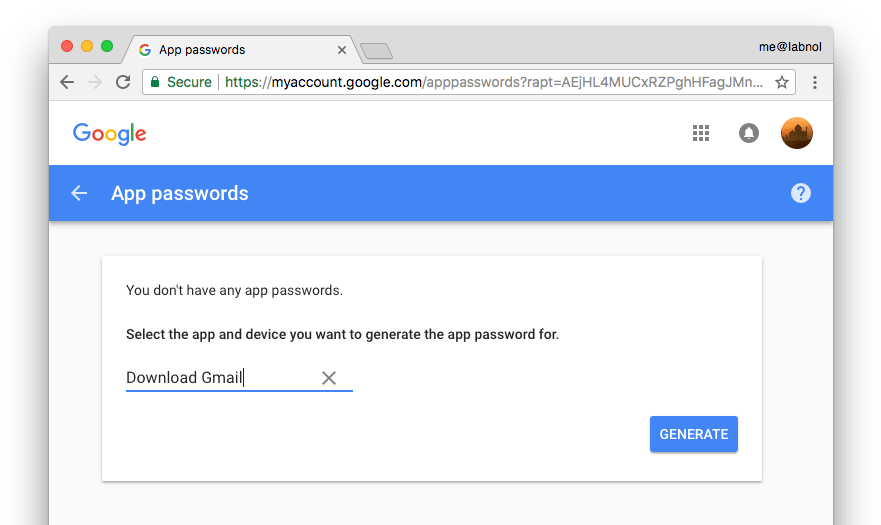 Gmail 動圖 桌布 壁紙 — 電腦螢幕顯示 Google 應用程式密碼頁面，包含用於「下載 Gmail」的文字欄位和一個藍色的產生按鈕。