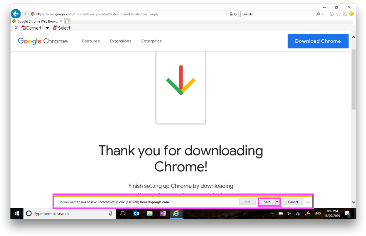 Google Chrome 桌布 壁紙 — 電腦螢幕顯示Google Chrome下載感謝頁面，包含下載圖示和Windows對話框，詢問要執行或儲存ChromeSetup.exe。