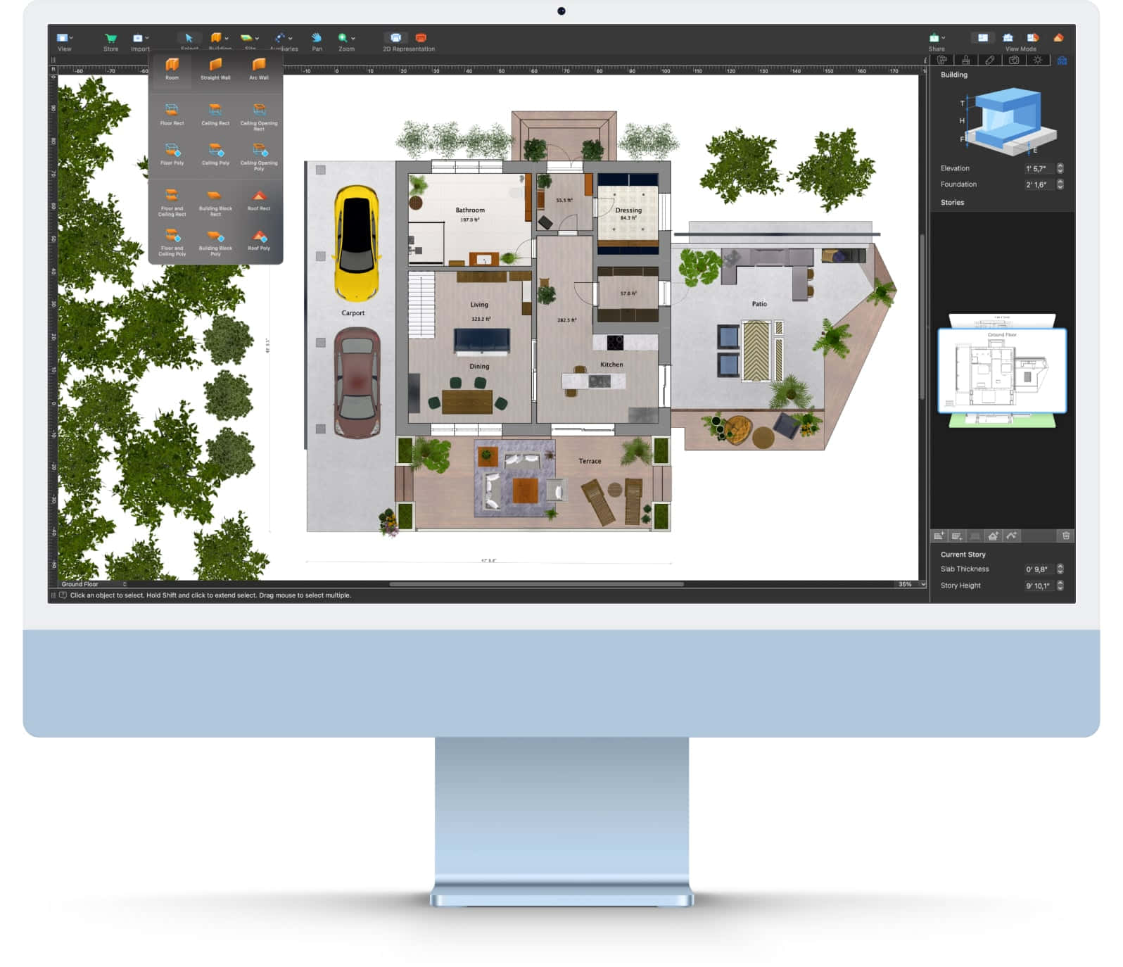 Mac 桌布 壁紙 — 電腦螢幕顯示一個3D建築設計軟體，包含詳細的房屋平面圖和周圍的綠化。