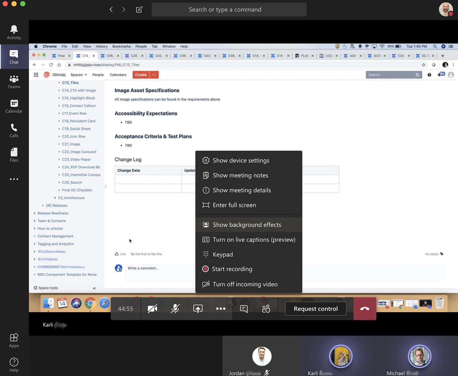 Microsoft Teams 桌布 壁紙 — 電腦螢幕顯示一個視訊通話介面，並在名為 Image Asset Specifications 的文件上打開了一個上下文選單。