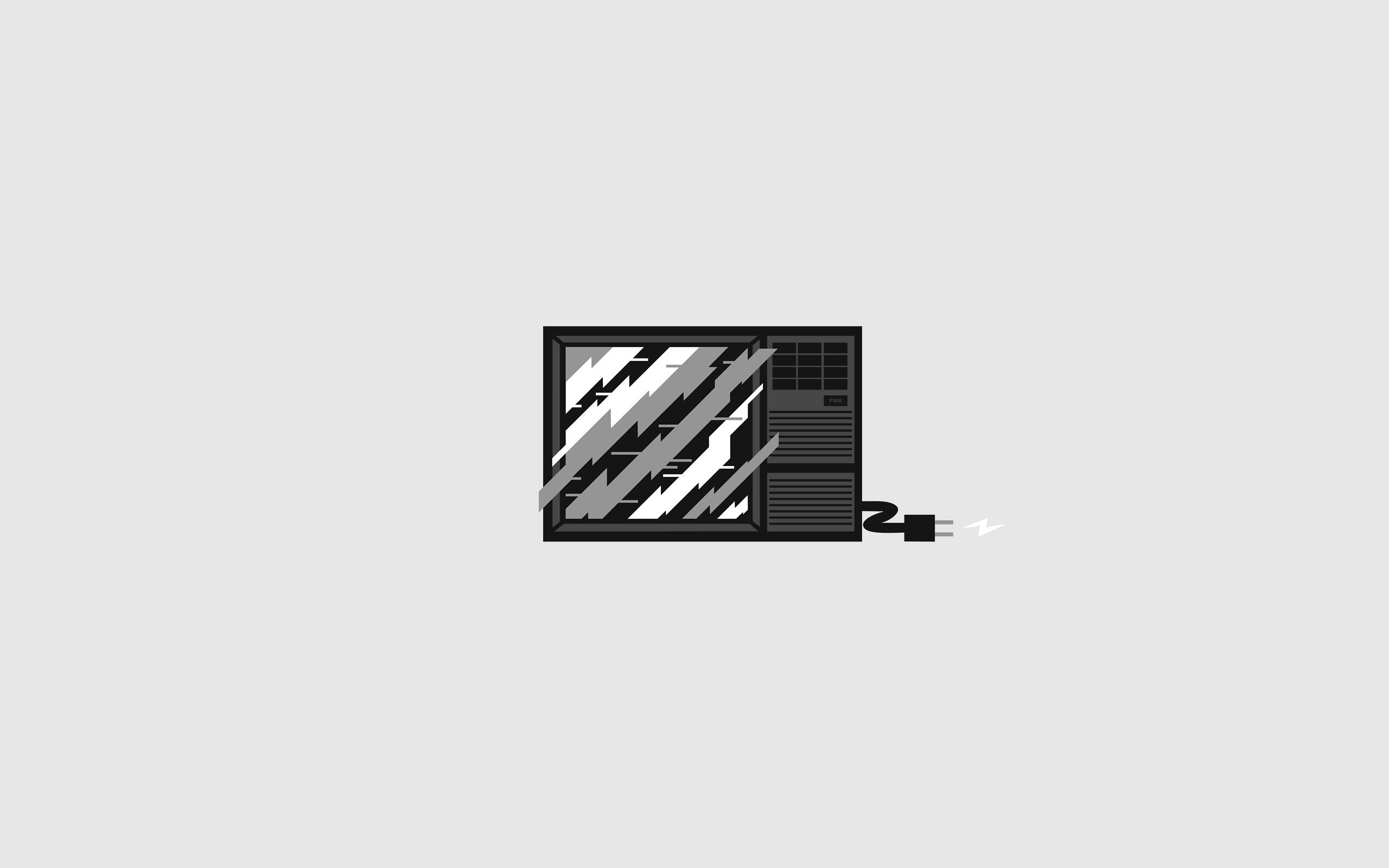 Minimalist iPad 桌布 壁紙 — 電腦顯示器和主機的極簡插圖，螢幕上有對角閃電。