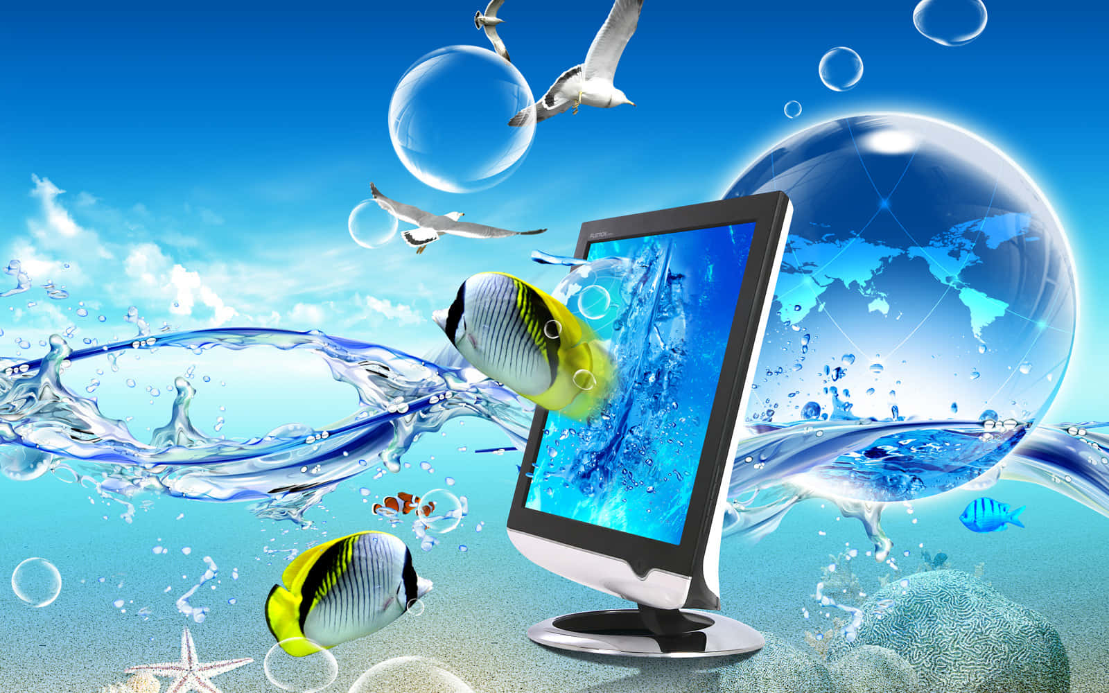 3d Fish 桌布 壁紙 — 電腦顯示器展示一個充滿熱帶魚和氣泡的鮮豔水下場景，海鷗在數位地球儀上方翱翔。