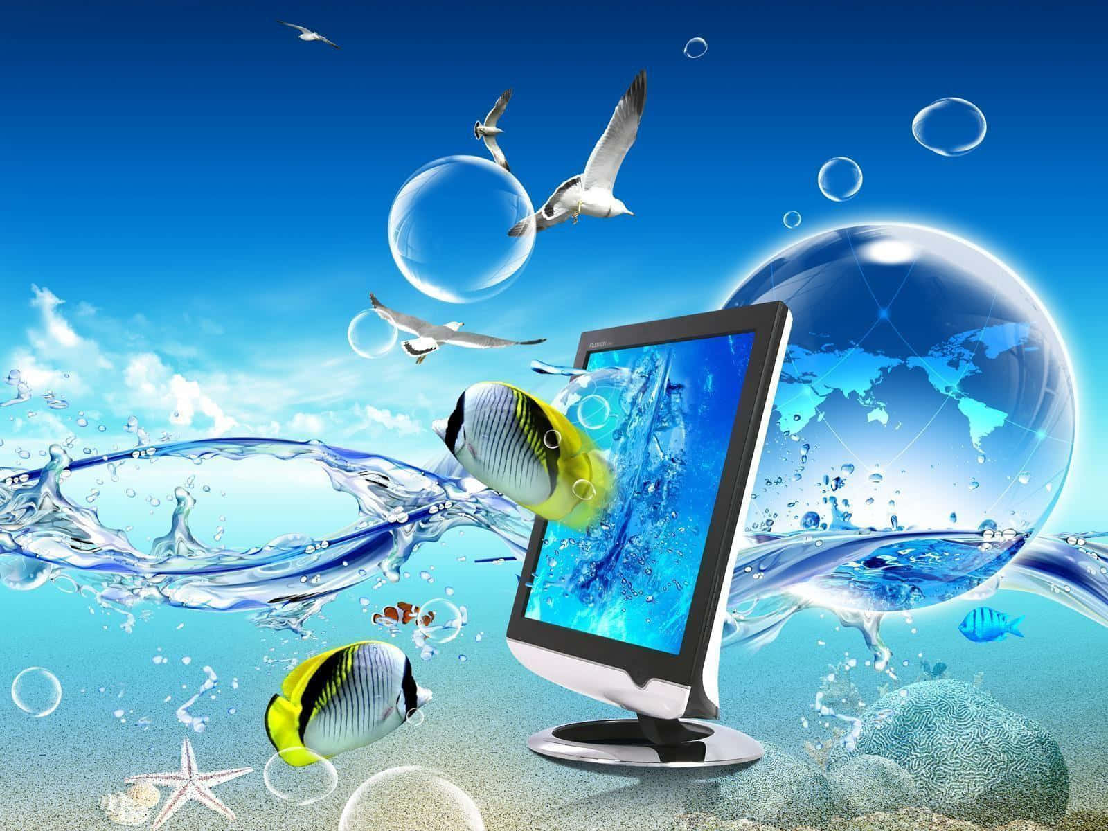 Computer Monitor 桌布 壁紙 — 電腦顯示器從海浪中浮現，周圍有熱帶魚、海鷗和一個帶有數位連接的地球儀。