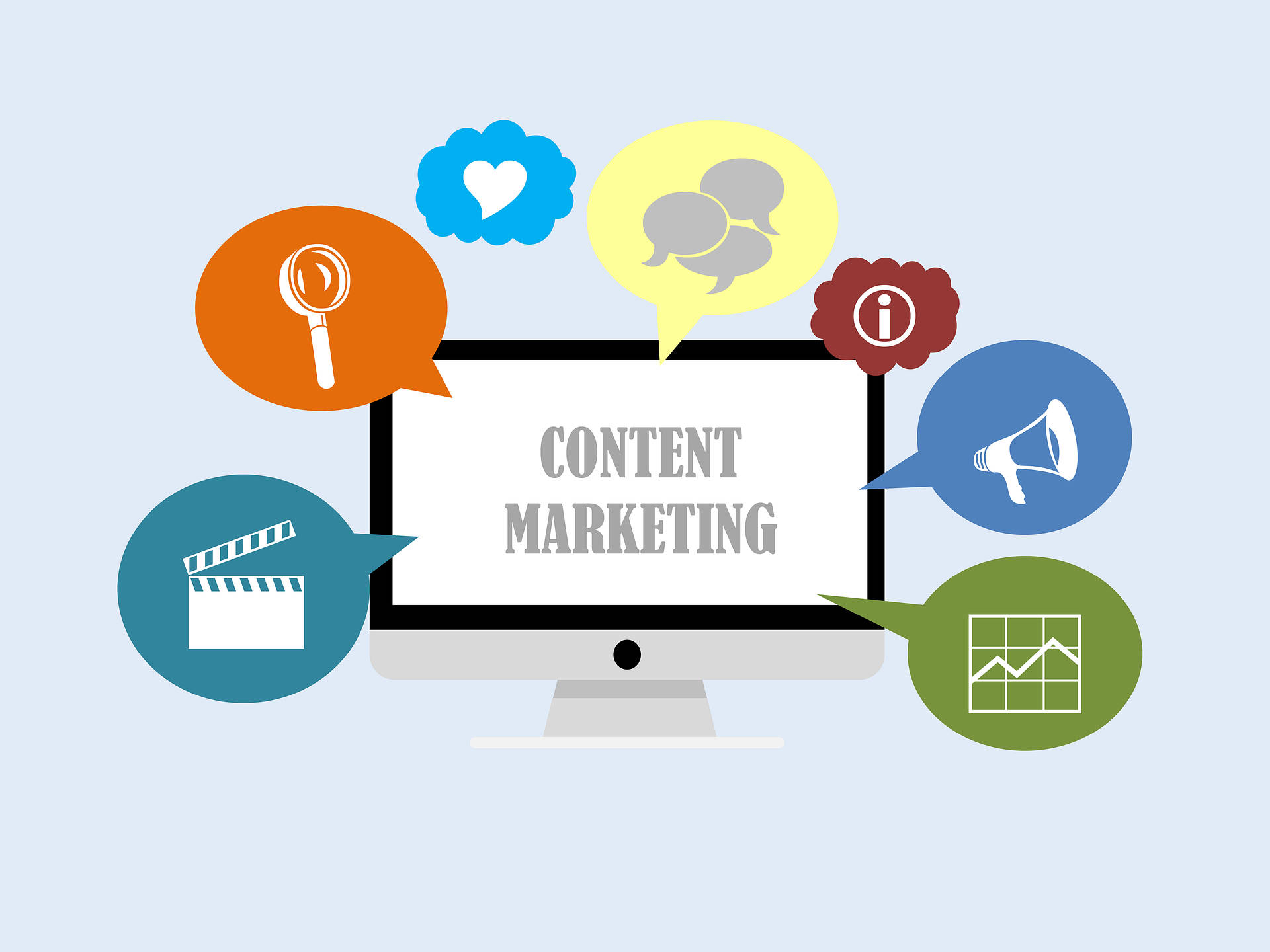 Idea 桌布 壁紙 — 電腦顯示器顯示「CONTENT MARKETING」，周圍有彩色對話框，內含搜尋、愛心、聊天、資訊、擴音器、影片和圖表圖示。