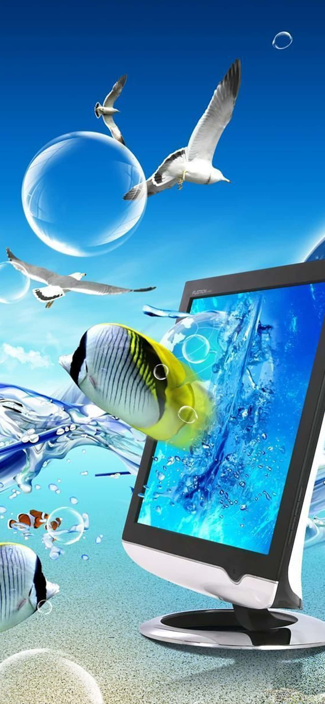 iPhone Xs Desktop Pc 桌布 壁紙 — 電腦顯示器顯示一個充滿魚和氣泡的充滿活力的水下場景，海鷗在清澈的藍天下圍繞它飛翔。
