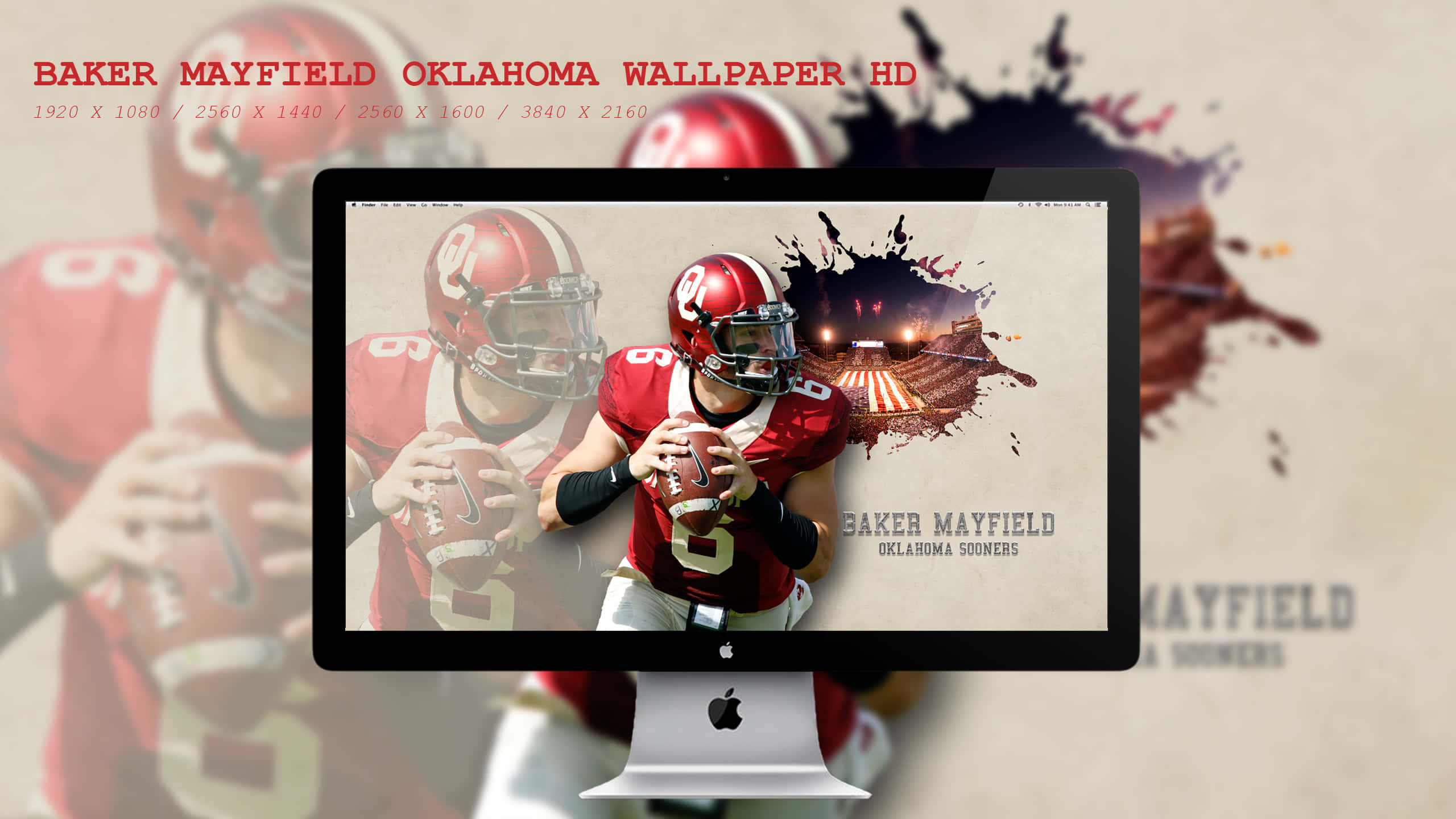 Baker Mayfield 桌布 壁紙 — 電腦顯示器顯示一個動態桌布，描繪了足球運動員貝克·梅菲爾德穿著紅色奧克拉荷馬大學捷足者隊裝備，手持足球，體育場燈光透過油漆飛濺效果照射出來。