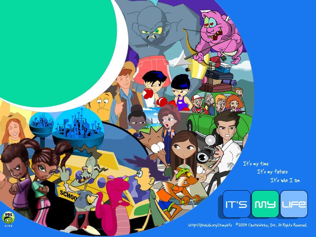 pbs kids 桌布 壁紙 — 電視節目《It's My Life》中動畫角色的鮮明拼貼畫，以彩色圓形框架呈現，背景為藍色。