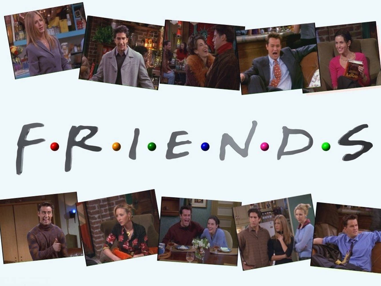 Friends Aesthetic 桌布 壁紙 — 電視節目《六人行》中標誌性時刻的拼貼畫，標誌居中於下方。
