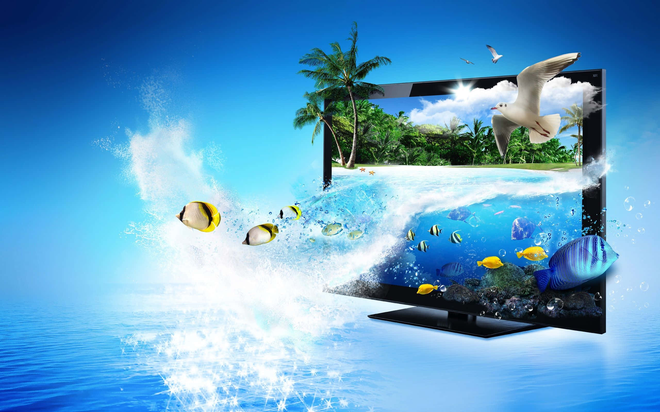 tv 桌布 壁紙 — 電視螢幕爆發出海浪、熱帶魚和海鷗在棕櫚樹環繞的海灘上飛翔，背景是明亮的藍天。