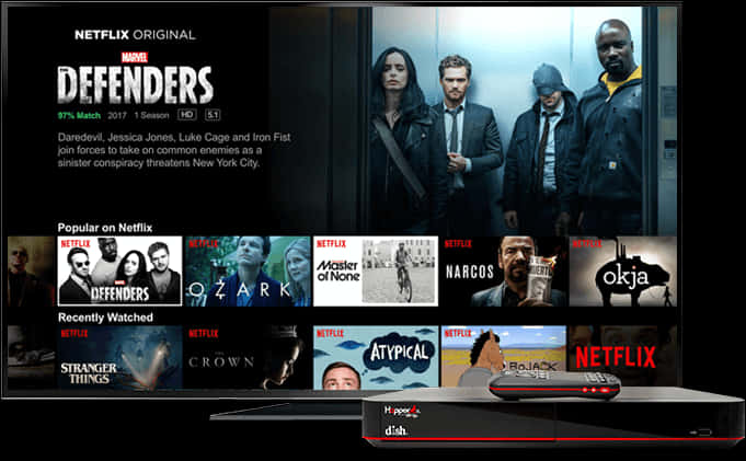 Netflix 桌布 壁紙 — 電視螢幕顯示Netflix介面，包含Marvel's Defenders及其他節目，前方放有Dish遙控器。