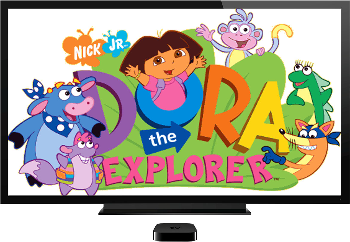 愛探險的朵拉 桌布 壁紙 — 電視螢幕顯示色彩繽紛的Dora the Explorer標誌及其朋友，背景為黑色。