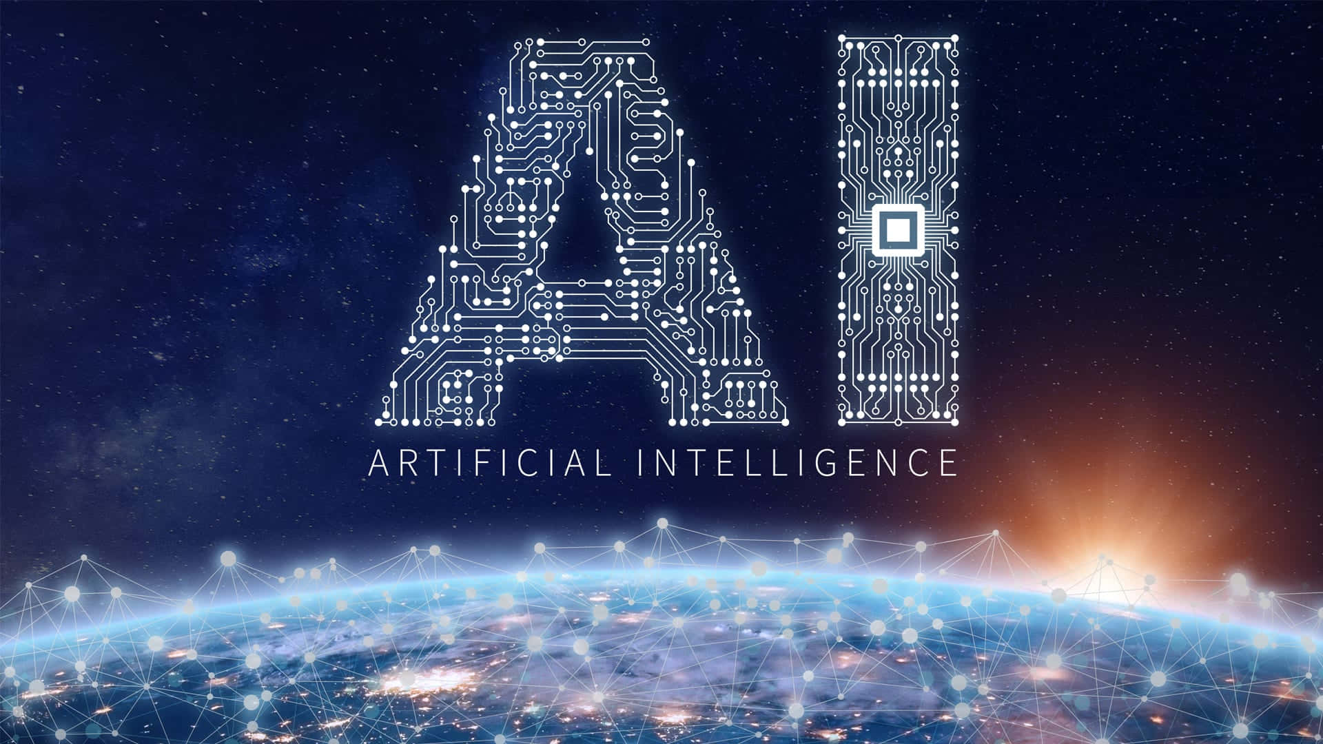 AI 桌布 壁紙 — 電路板風格的AI字母漂浮在地球發光的城市景觀之上，背景是繁星點點的夜空。