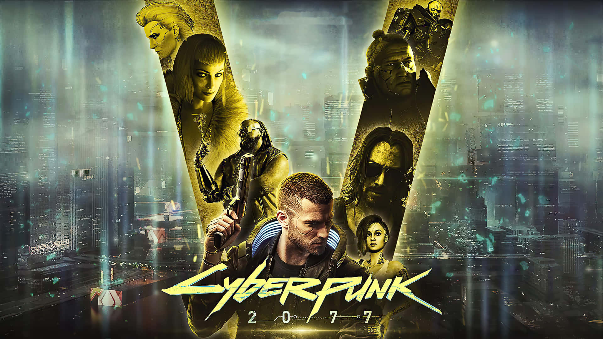 1080p Cyberpunk 2077 桌布 壁紙 — 《電馭叛客2077》宣傳海報，展示多樣角色在霓虹燈閃爍的未來城市景觀中，帶有發光的數位效果。