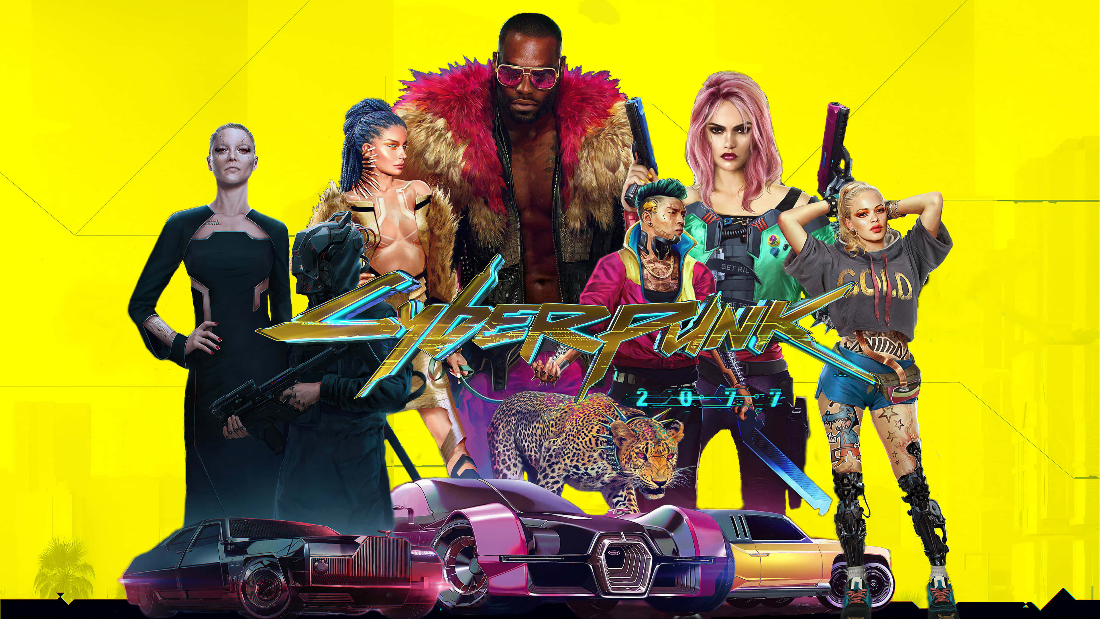 Cyberpunk 2077 Characters 桌布 壁紙 — 《電馭叛客2077》角色身穿霓虹燈照亮的未來風格裝備，手持發光武器和時尚汽車，站在鮮黃色背景前。