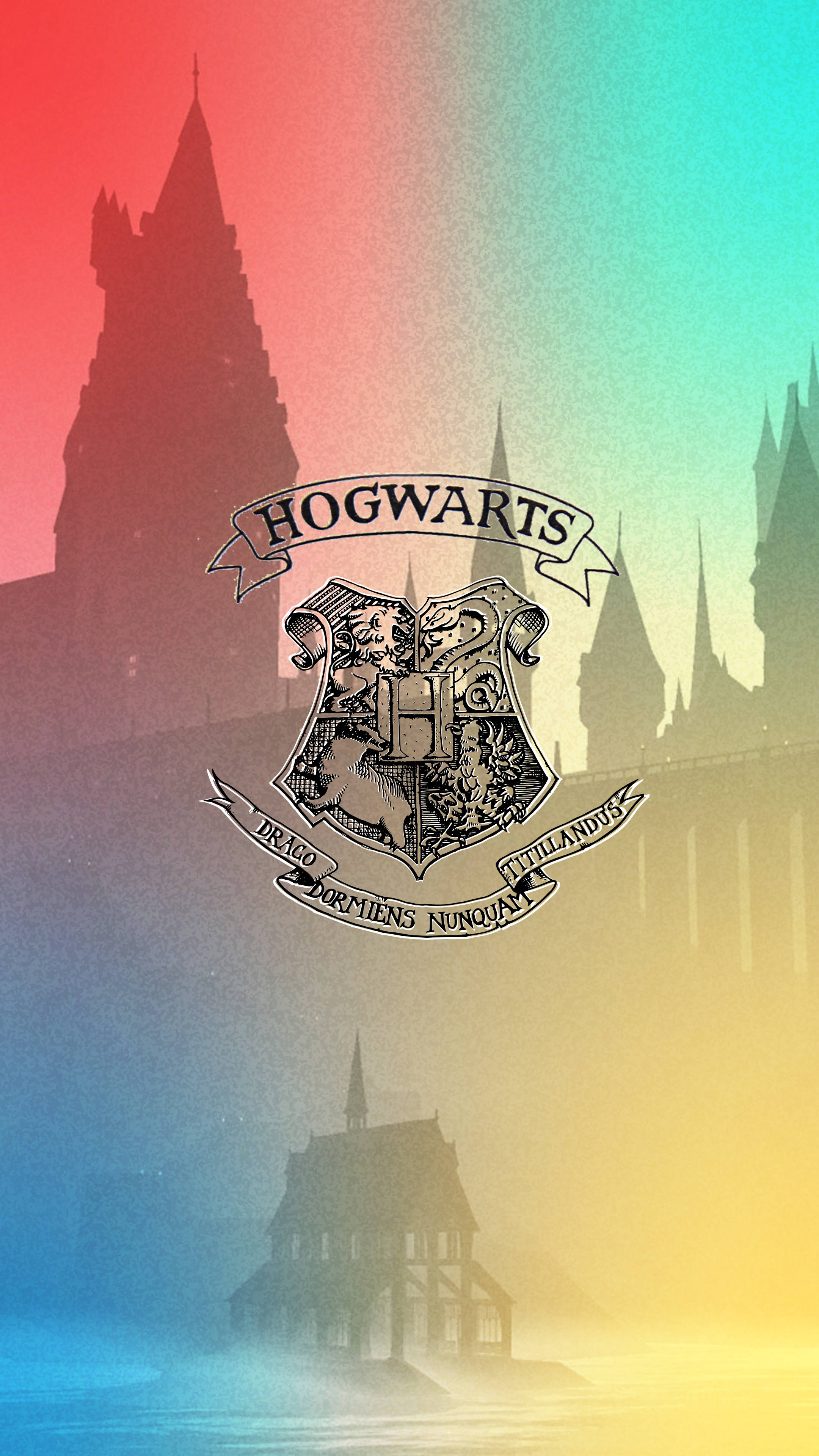Hogwarts Aesthetic 桌布 壁紙 — 霍格華茲徽章置中於城堡剪影之上，背景為充滿活力的彩虹漸變天空。