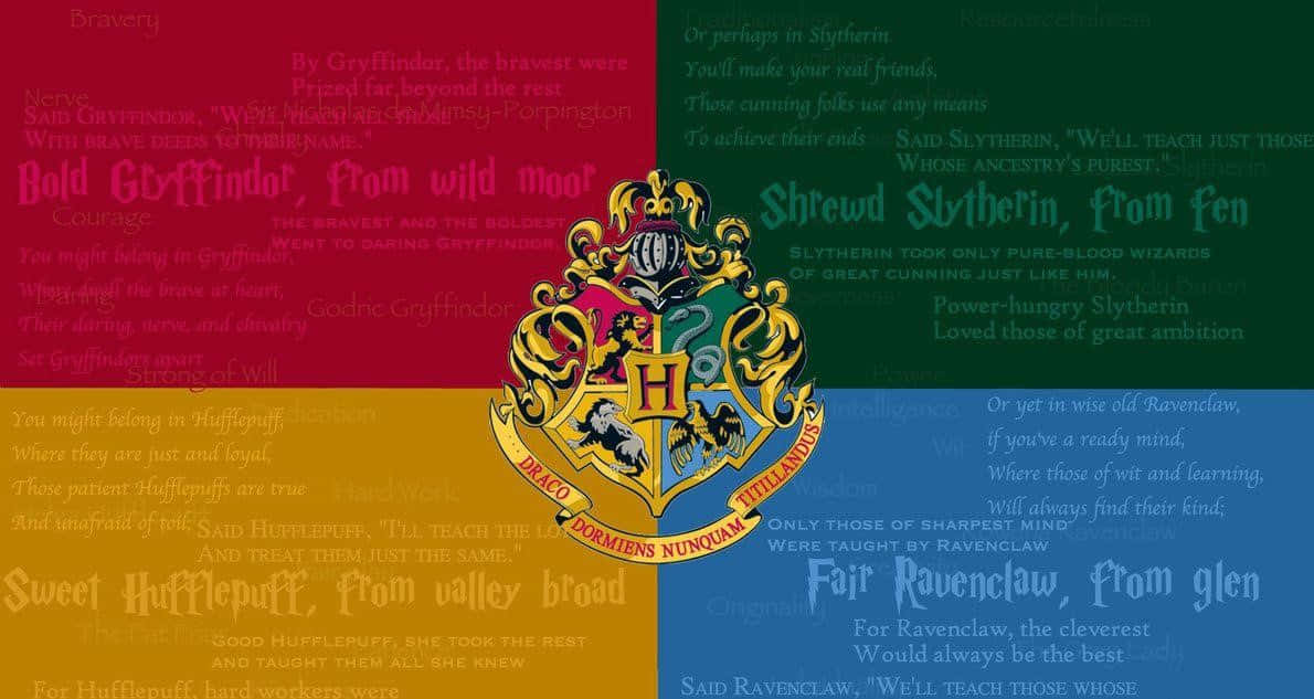 Hogwarts Crest 桌布 壁紙 — 霍格華茲校徽置於四色背景中央，每個象限有學院專屬語錄。