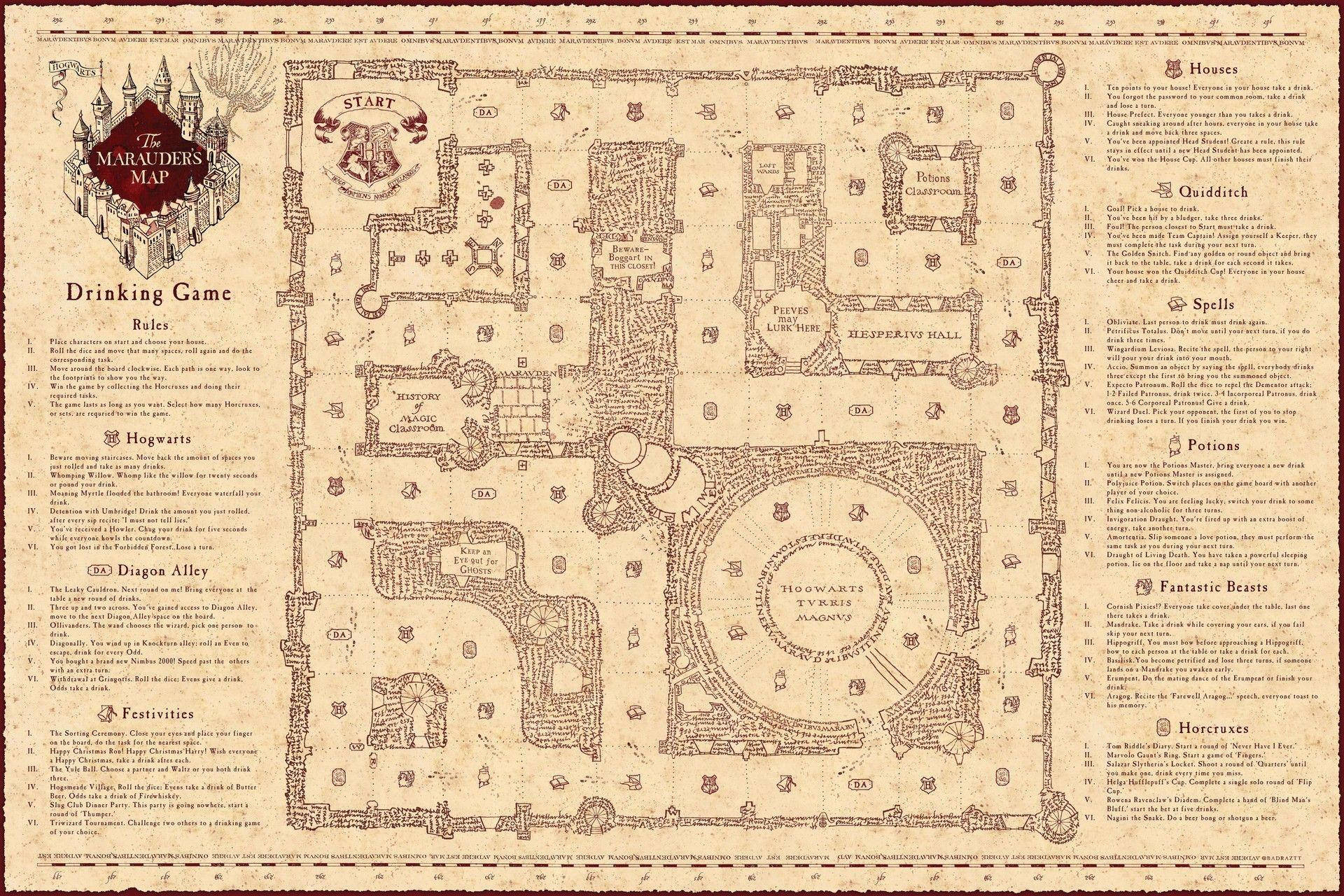 Map 桌布 壁紙 — 霍格華茲的復古羊皮紙風格地圖，包含詳細房間和魔法地點，周圍環繞飲酒遊戲規則和傳說。