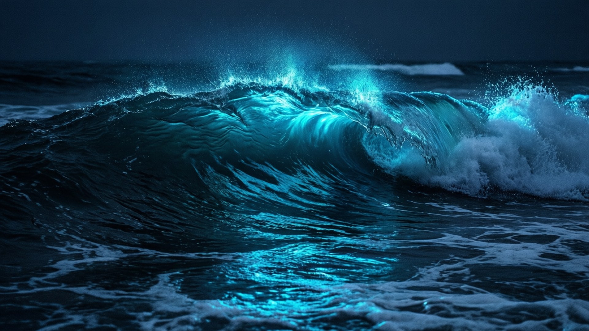 霓光浪潮 壁紙 — 巨大的海浪翻滾，電藍色的光芒照亮其頂部，映襯著黑暗的暴風雨天空。