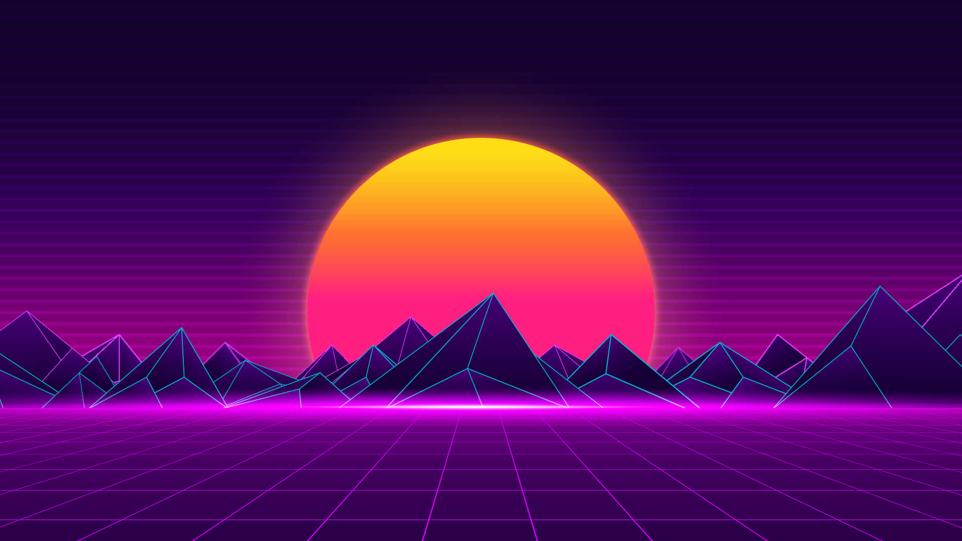 桌布 壁紙 — 霓虹夕陽在幾何山脈後方發光，照耀在發光的網格上，呈現復古未來主義景觀。