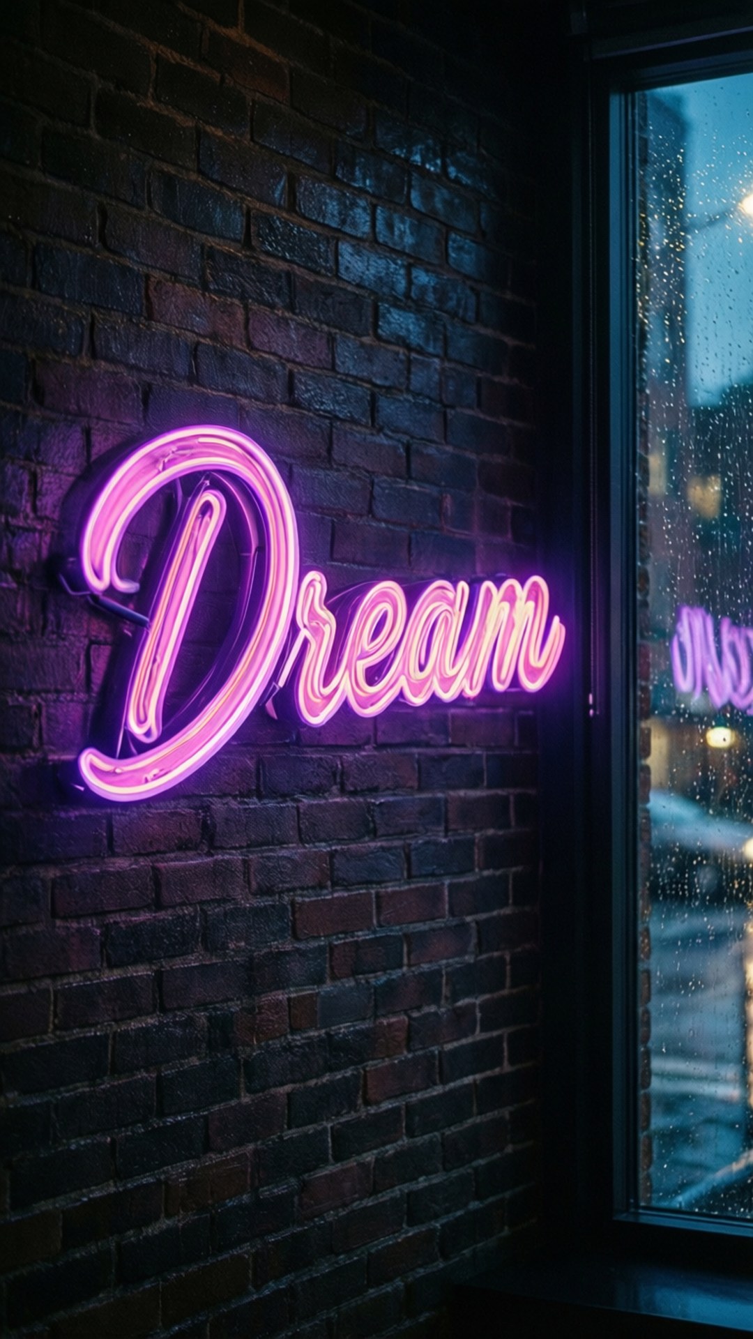 霓虹夢想招牌 壁紙 — 夜晚，一個發光的粉紅色霓虹燈牌拼出 'Dream'，照亮了旁邊有雨點的窗戶旁的深色磚牆。
