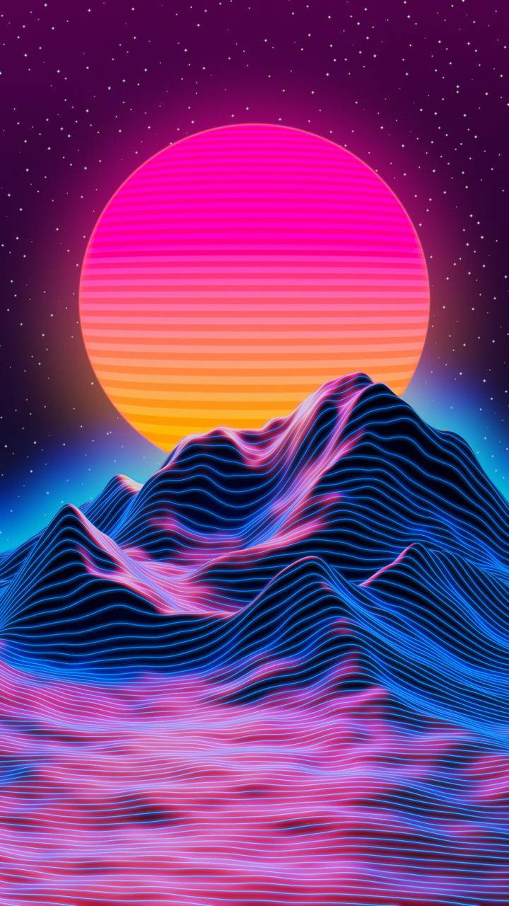 Outrun 桌布 壁紙 — 霓虹山脈在巨大的漸變太陽下發光，襯著滿天星斗的紫色天空。