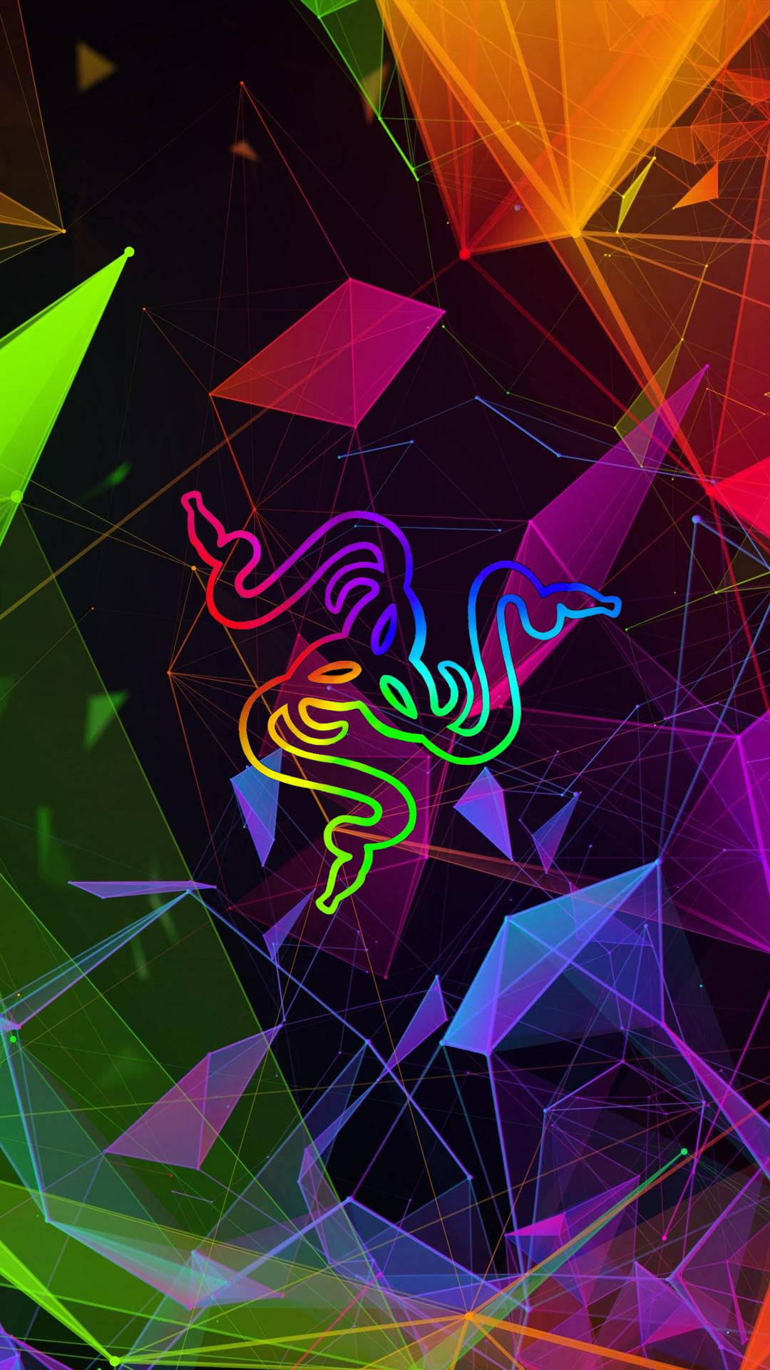 霓虹 Razer 標誌在深色背景上的彩色幾何形狀中發光 — 雷蛇 GIF 壁紙