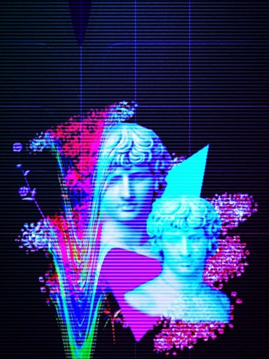 80s Vaporwave 桌布 壁紙 — 霓虹故障藝術將古典大理石半身像與鮮豔的數位扭曲和像素化花卉元素融合在深色網格背景上。