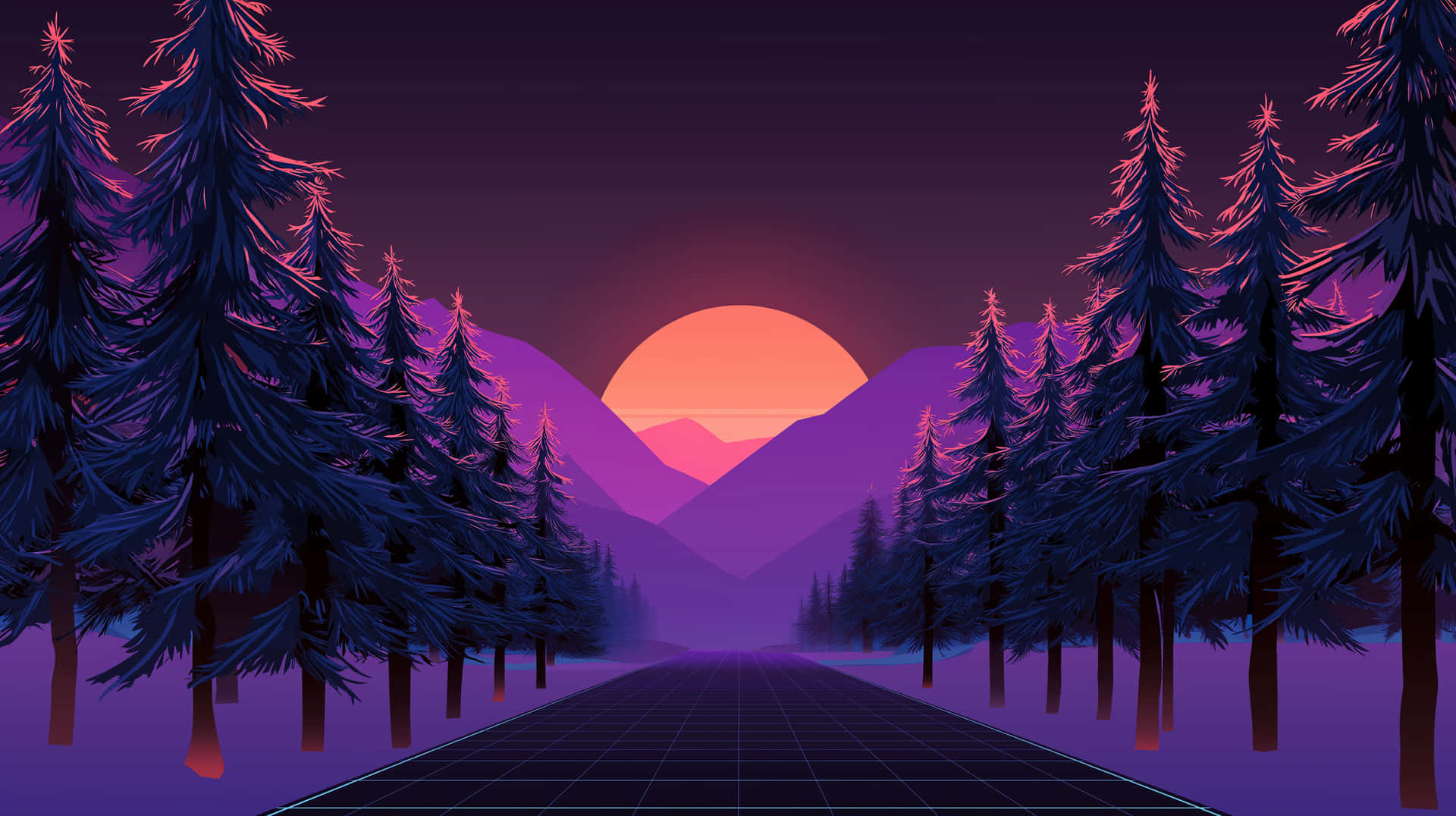 Vaporwave Sunset Highway through Geometric Forest Landscape Scene 壁紙 — 霓虹日落照耀在紫色山脈上，山脈被排列成網格圖案道路的松樹環繞。