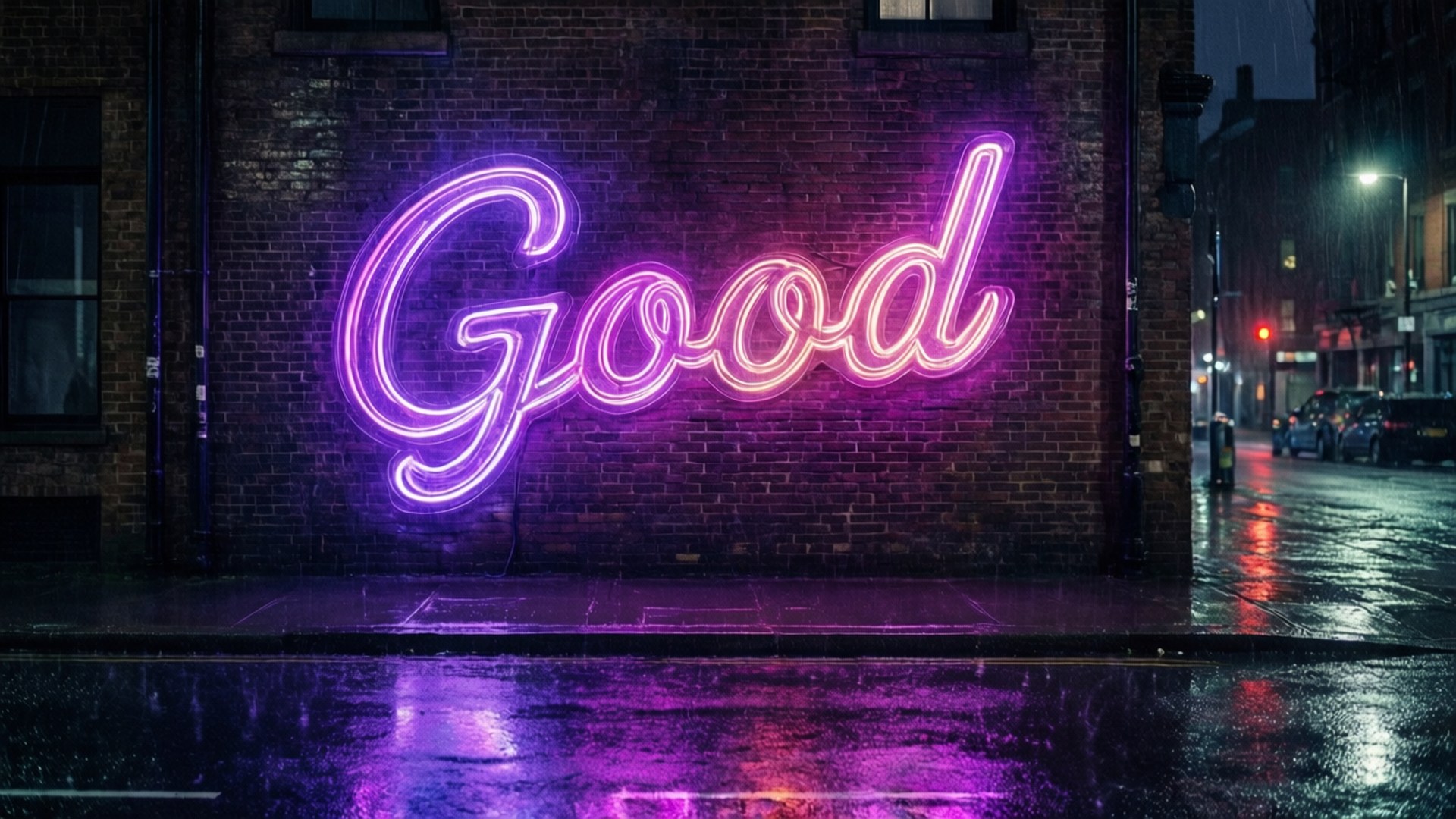 霓虹晚安 壁紙 — 一個鮮豔的紫色霓虹燈牌，拼寫著 'Good'，在夜晚的雨中城市街道上，對著濕漉漉的磚牆發光。